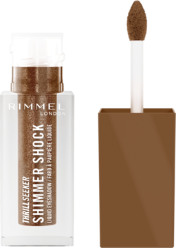 Płynny cień Rimmel Shimmer Shock Thrill Seeker, brokatowy brąz, w przezroczystej butelce z aplikatorem.