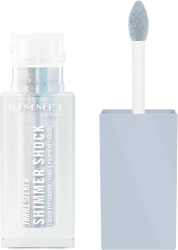 Rimmel Shimmer Shock srebrny, błyszczący płynny cień do powiek, butelka i aplikator z produktem.