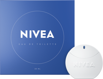 Niebieskie pudełko NIVEA Eau de Toilette 50ml i biały, okrągły flakon obok, widok z przodu.