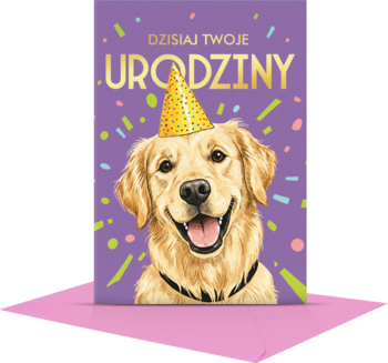Karnet urodzinowy B6 z uśmiechniętym psem golden retrieverem w żółtym kapeluszu na fioletowym tle, napis DZISIAJ TWOJE URODZINY.