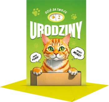 Zielony karnet urodzinowy: pomarańczowy kot w kartonowym pudełku, z cyfrą 2 i napisem URODZINY. Widok z przodu.