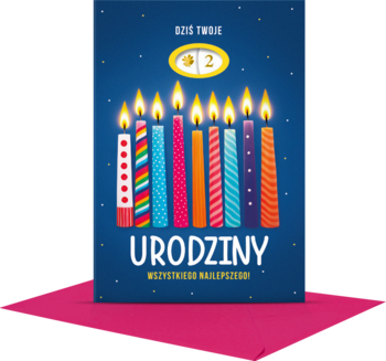 Karnet urodzinowy z ustawianą cyfrą '2', 8 kolorowych świec na granatowym tle ze gwiazdkami, widok z przodu.
