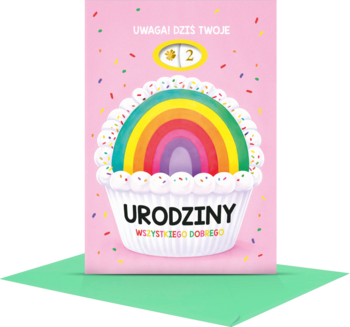Karnet urodzinowy z różowym tłem, babeczką z tęczowym kremem i ustawianą cyferką '2', widok z przodu.
