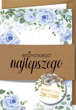 Karnet urodzinowy B6 ręcznie składany, niebieskie róże, opaska kraft 'Wszystkiego najlepszego', okrągła ozdoba.
