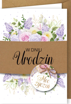 Ręcznie składany karnet urodzinowy B6, biały z liliowymi kwiatami i różami, brązowa opaska z napisem "W DNIU Urodzin".