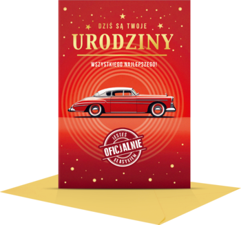 Czerwony karnet urodzinowy B6 z grafiką vintage auta, złotymi napisami, na czerwono-żółtym tle, widok z przodu.