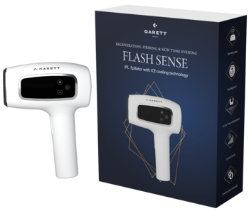 Biały depilator IPL Garett Flash Sense z funkcją chłodzenia i pudełko z grafiką, widok z przodu.
