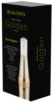 Złoty Dermapen Beautifly Meso Intense Golden w czarnym opakowaniu, widok pudełka pod kątem.