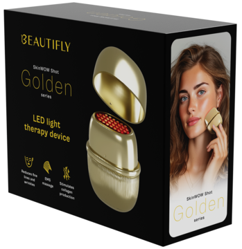BEAUTIFLY Golden LED, RF, EMS urządzenie do liftingu w pudełku, z kobietą używającą głowicy na twarzy.