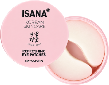 Różowe, otwarte pudełko Isana Korean Skincare Refreshing Eye Patches z dwoma białymi płatkami pod oczy.