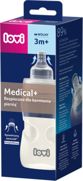 Butelka LOVI Medical+ 250 ml, dynamiczny smoczek, w opakowaniu 3m+, widok z przodu.