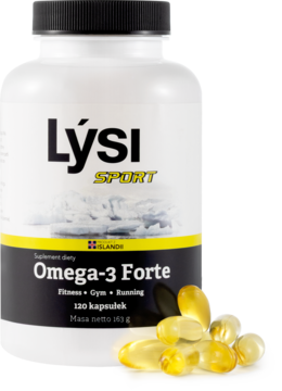 Biała butelka Lýsi Sport Omega-3 Forte, 120 kapsułek suplementu diety, widok z przodu, obok złote kapsułki.