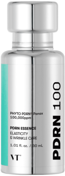 VT PDRN 100 Esencja ujędrniająca, srebrna butelka z turkusowym paskiem, napis PDRN 100, widok z przodu.