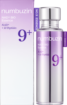 Numbuzin NAD+ BIO Essence nr 9, liftingująca esencja w srebrno-fioletowej butelce i białym pudełku, z NAD+ i Peptydami.