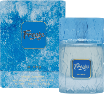 Niebieskie pudełko i butelka perfum Freeze Rupps z mroźnym wykończeniem, widoczne z przodu pod kątem.