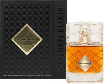 Perfumy Golden Elixir: czarne pudełko z geometrycznym wzorem obok bursztynowej butelki z fasetowanego szkła.