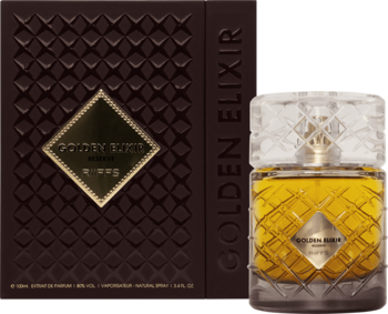 Złoty Eliksir perfumy z bursztynowym płynem w szklanej butelce i teksturowanym, brązowym pudełku, widok z przodu.