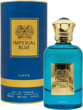 Męskie perfumy Imperial Blue RiFFS, błękitna butelka i pudełko ze złotym herbem, nuty jabłka i wanilii.
