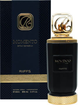 Flakon perfum RIIFFS Momento Extrait de Parfum, czarny ze złotą zakrętką z logo, prezentowany obok pudełka.
