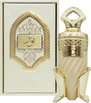 Perfumy Ruff's Noor, złoty flakon z napisem "نور" i kremowym szkłem, obok ozdobnego pudełka.