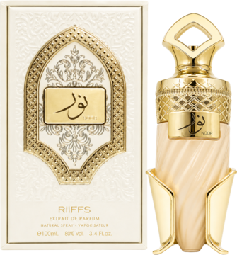 Riiffs Noor ekstrakt perfum damskich, białe pudełko i złoto-beżowa butelka ze spiralnym wzorem, widok z przodu.