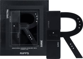 Czarny flakon perfum Riffs Surge w kształcie litery R z ćwiekami, obok pudełko Riffs Spectra.