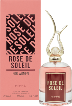 RiiFFS Rose de Soleil, damska woda perfumowana 100ml. Różowy flakon z ozdobną perłową nakrętką obok pudełka.