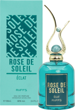 Perfumy RiiFFS Rose de Soleil Éclat EDP 100 ml, turkusowa butelka ze złotym korkiem, obok pasującego pudełka.