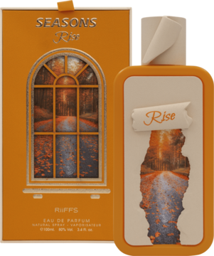 Perfumy RiiFFS Seasons Rise, bursztynowy flakon i opakowanie z jesiennym oknem. Widok z przodu, z ciepłymi nutami zapachowymi.