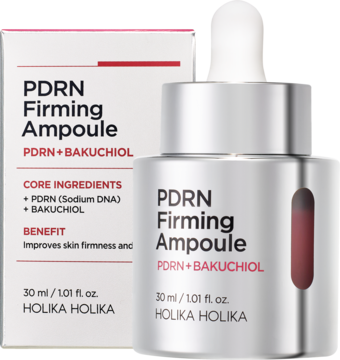 Holika Holika PDRN Firming Ampoule z PDRN + Bakuchiolem. Srebrna butelka i białe pudełko, widok frontalny.