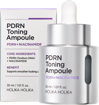 Holika Holika PDRN Toning Ampoule: srebrna butelka z zakraplaczem i białe pudełko, fioletowe detale, widok z przodu.