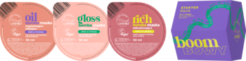Maski BOMBA: trzy kapsułki (Oil, Gloss, Rich) i fioletowe opakowanie zbiorcze z logo. Widok z przodu.