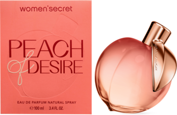 Women's Secret Peach of Desire EDP. Brzoskwiniowe pudełko i butelka w kształcie brzoskwini z różowo-złotą zakrętką.