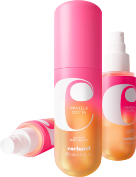 Mgiełka perfumowana Cacharel Vanilla Cotta. Dwie butelki z atomizerem, różowo-żółty gradient, widoczne logo 'C'.