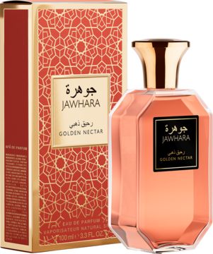 Jawhara Golden Nectar EDP w czerwono-złotym pudełku i butelka z bursztynowym płynem, widok przodem pod kątem.