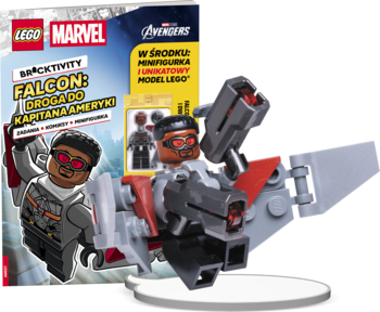 LEGO Marvel Brickactivity Falcon: książka z zadaniami, minifigurka i złożony model LEGO Falcona, widok z przodu.