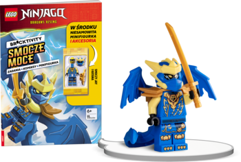 LEGO NINJAGO Smocze Moce: książka i niebieska figurka Jay'a w smoczej zbroi z kataną na białej podstawie.
