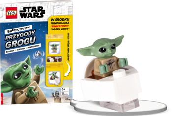 LEGO Star Wars Przygody Grogu, książka aktywności z minifigurką Grogu, na białym klocku, widok przód.
