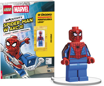LEGO Marvel Spider-Man: Akcja! książka z okładką Spider-Mana i figurką z czerwoną peleryną, widok przód.