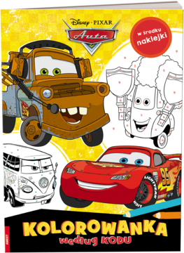 Kolorowanka według kodu Disney Pixar Auta, okładka z Zygzakiem, Złomkiem i Fillmorem, z naklejkami.
