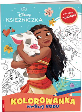 Okładka Kolorowanki Disney Księżniczka: Moana z Pua, Ariel, Rapunzel. Kolorowanie według kodu, z naklejkami.
