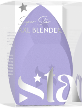 Lawendowy SUPER STARS XXL BEAUTY BLENDER w przezroczystym pudełku, widok z przodu, srebrne detale.
