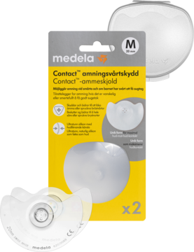 Medela Contact™ osłonki na brodawki M do karmienia, 2 szt., żółte opakowanie, widoczne dwie silikonowe nakładki.