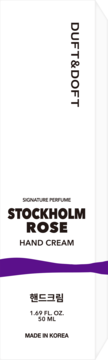 Białe pudełko kremu do rąk DUFT&DOFT Stockholm Rose, 50ml, z fioletowym wzorem. Widok z przodu.