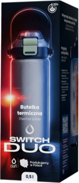 Butelka termiczna Dafi Switch Duo 0,5l stalowa, z czarną nakrętką, w opakowaniu z czerwono-niebieskim światłem.