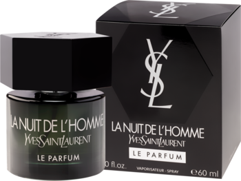Yves Saint Laurent La Nuit de L'Homme Le Parfum. Ciemnozielona butelka z czarną nakrętką, obok czarnego opakowania.