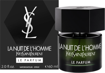 YSL La Nuit De L'Homme Le Parfum dla mężczyzn, ciemny flakon obok pudełka z srebrnym logo, widok z przodu.