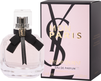 Mon Paris YSL EDP, butelka z różowym płynem i czarną kokardą obok czarno-różowego pudełka z logo.