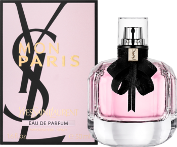 Yves Saint Laurent Mon Paris EDP damskie, butelka z różowym płynem i czarną kokardą, obok różowe pudełko.