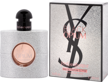 Perfumy YSL Black Opium: szara butelka z brokatem i różowo-złotą etykietą, obok pasujące pudełko YSL.